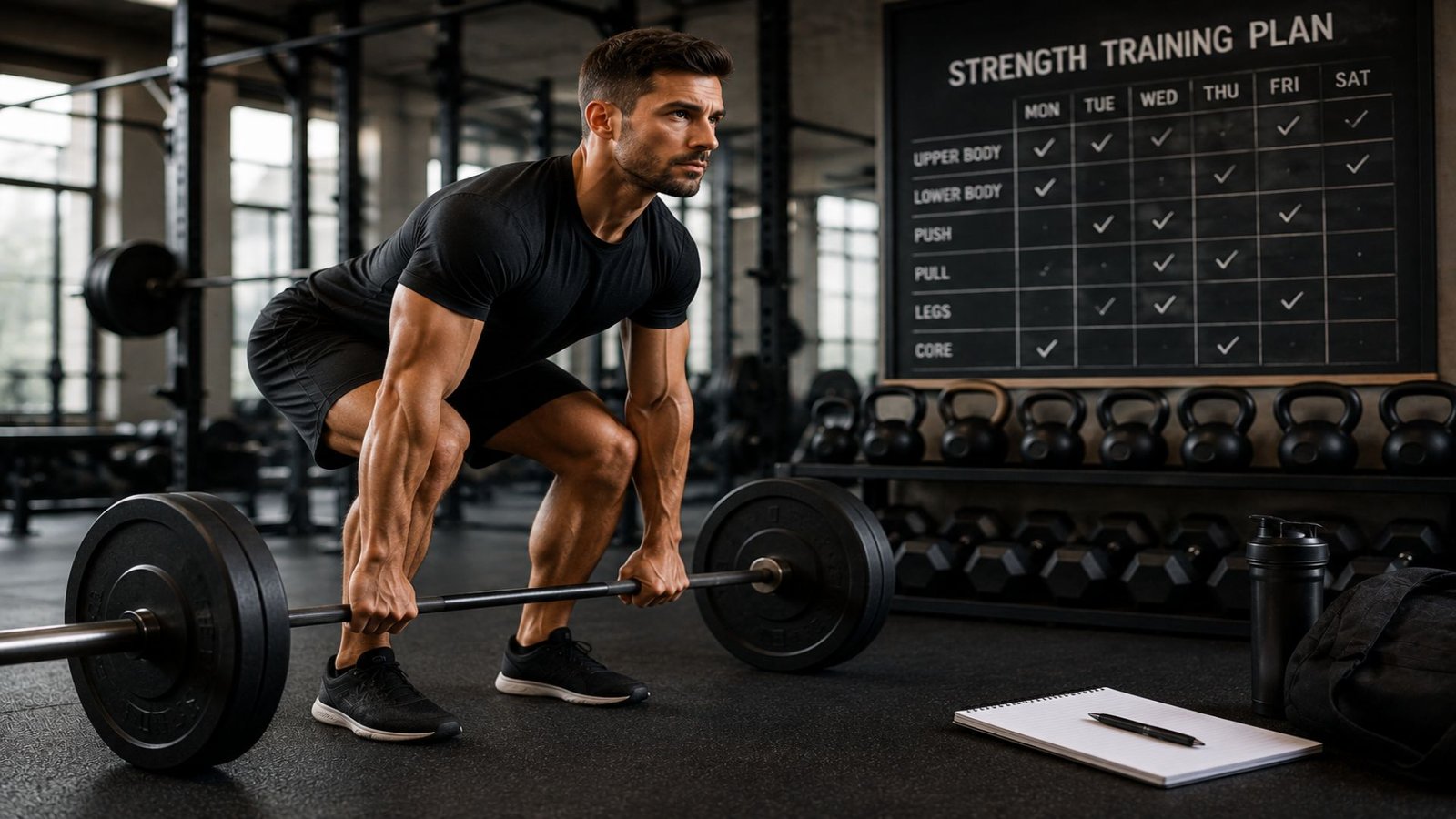 Man in a black athletic outfit performs a deadlift in a gym, gripping a loaded barbell with plates on either end.