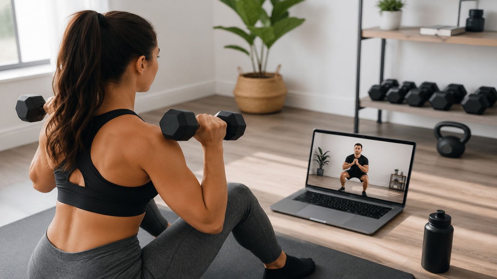 Woman seated on a mat lifting dumbbells while following an online workout on a laptop screen showing a trainer in a living room setup.