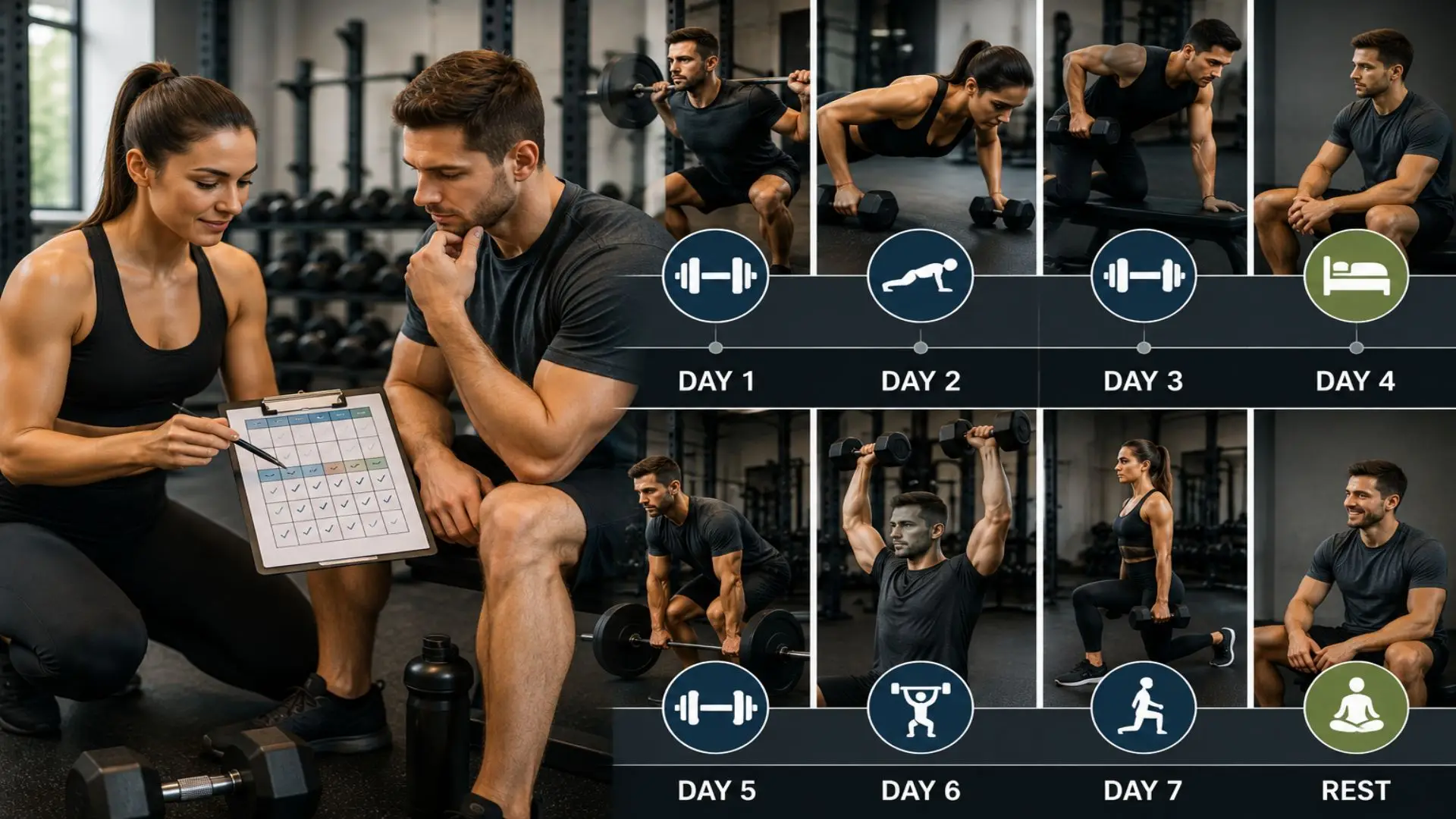 Trainer and client review a workout calendar in a gym, showing Day 1 to Day 7 and REST with circular exercise icons.