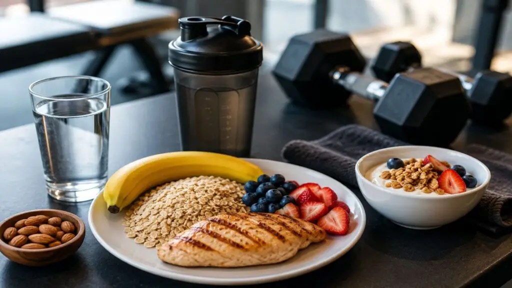 Plate of oats with banana, berries and grilled chicken in a gym setting; a yogurt bowl with granola and berries nearby.